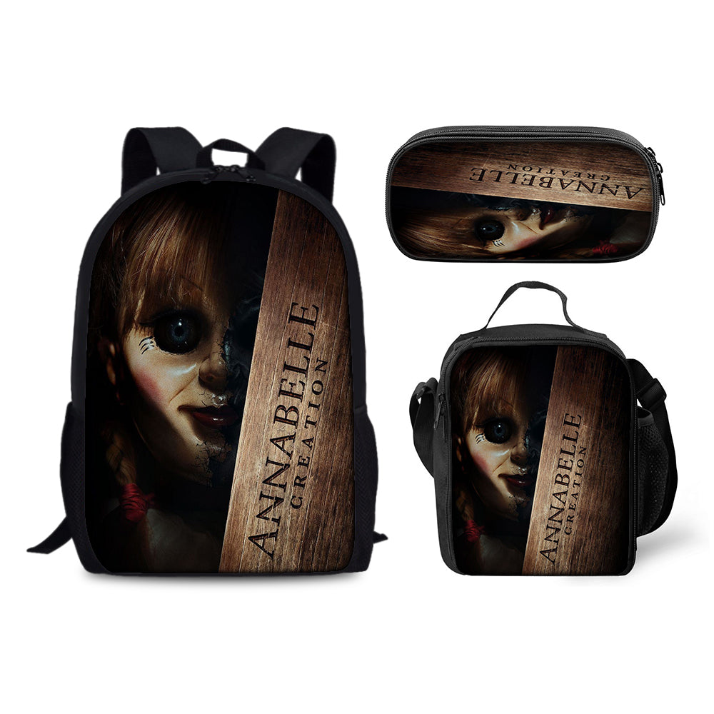 Annabelle Horror Movie Schoolbag Backpack Lunch Bag Pencil Case 3pcs Set Gift for Kids Students