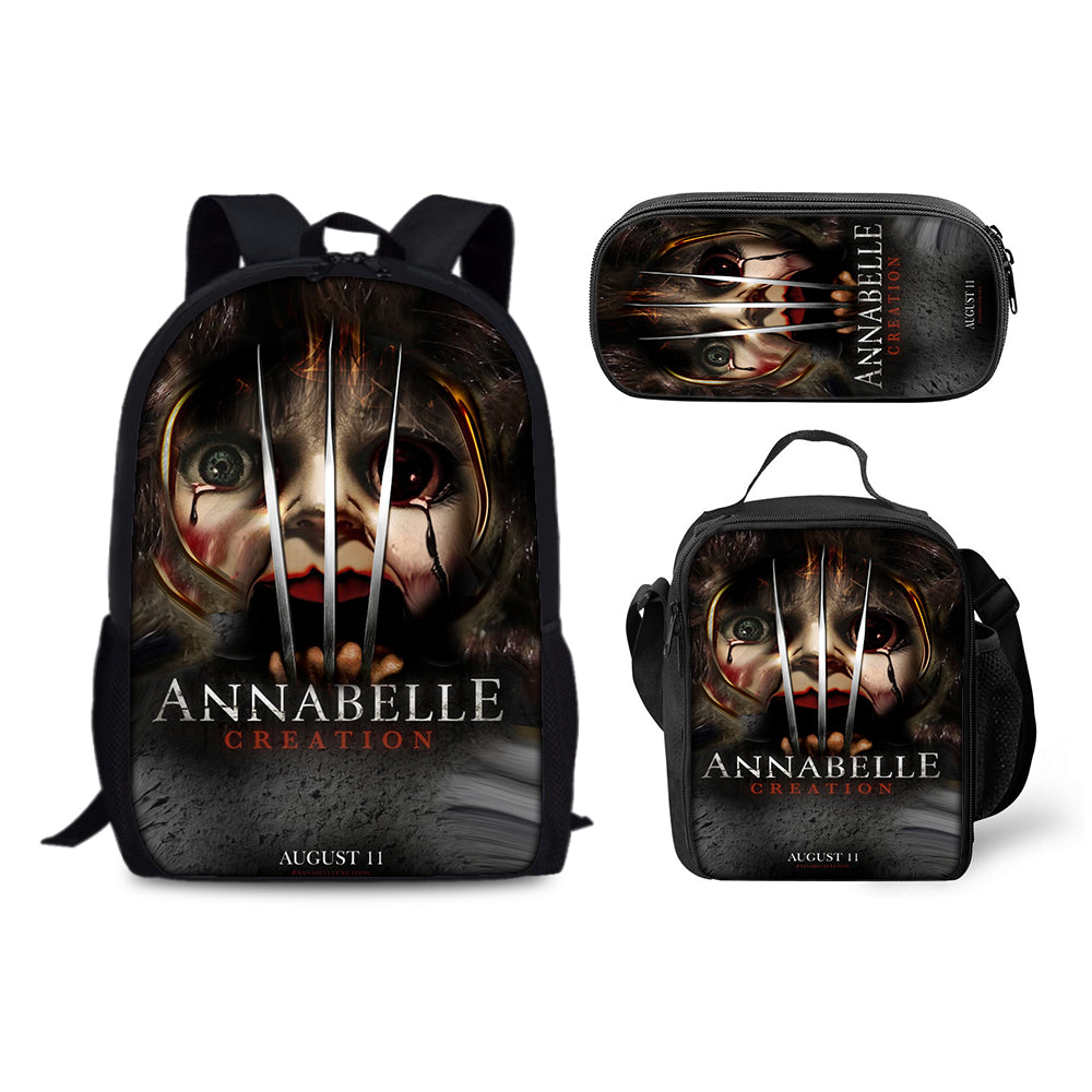 Annabelle Horror Movie Schoolbag Backpack Lunch Bag Pencil Case 3pcs Set Gift for Kids Students