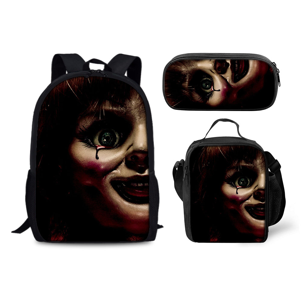 Annabelle Horror Movie Schoolbag Backpack Lunch Bag Pencil Case 3pcs Set Gift for Kids Students