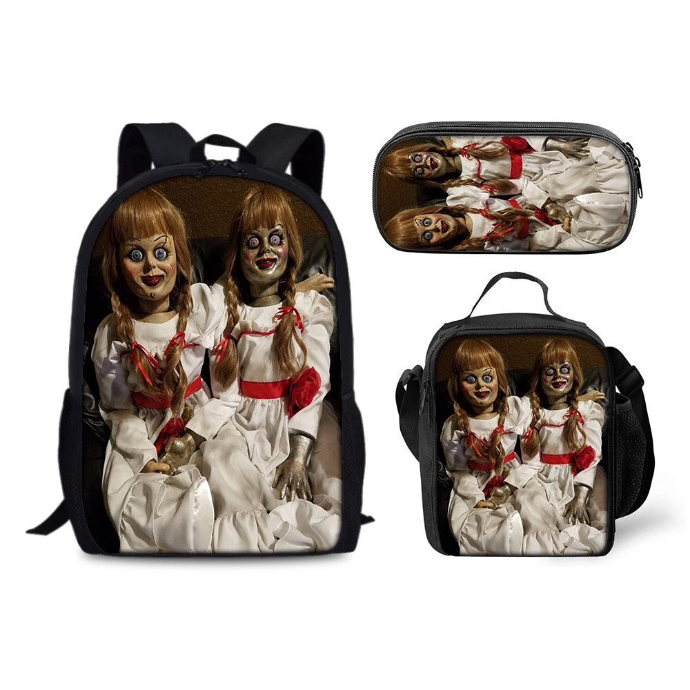 Annabelle Horror Movie Schoolbag Backpack Lunch Bag Pencil Case 3pcs Set Gift for Kids Students