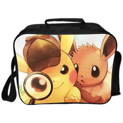 Detective Pokemon Go Pikachu  PU Leather Portable Lunch Box School Tote Storage Picnic Bag