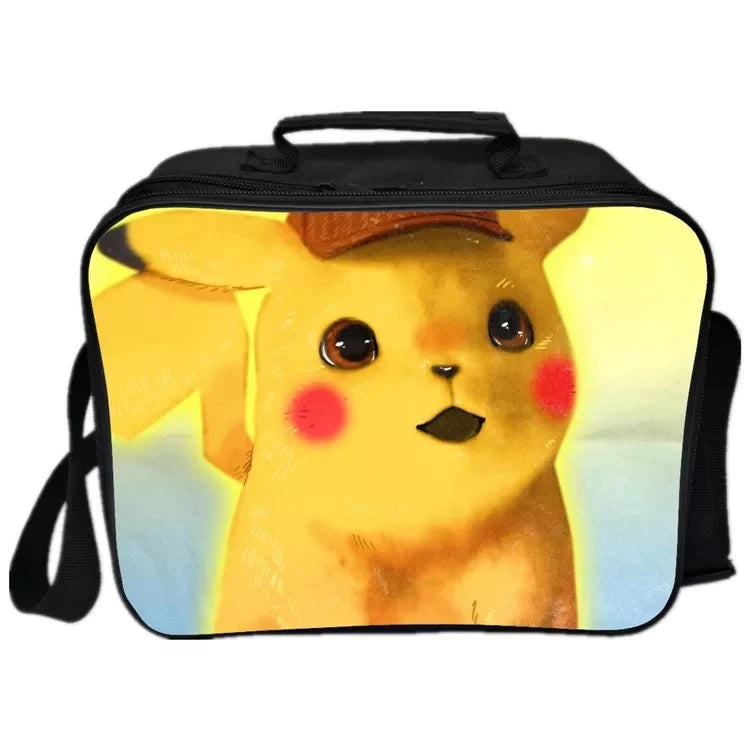 Detective Pokemon Go Pikachu  PU Leather Portable Lunch Box School Tote Storage Picnic Bag