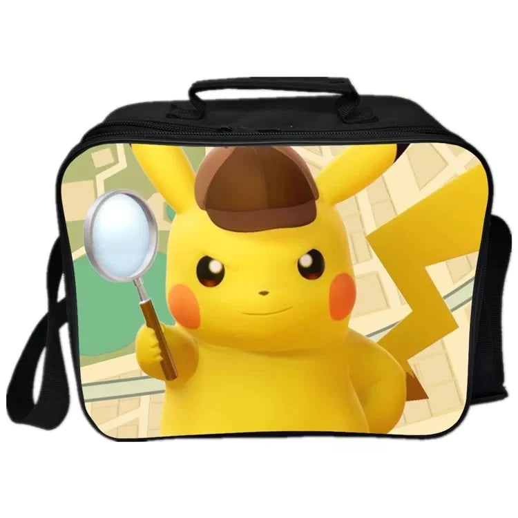 Detective Pokemon Go Pikachu  PU Leather Portable Lunch Box School Tote Storage Picnic Bag