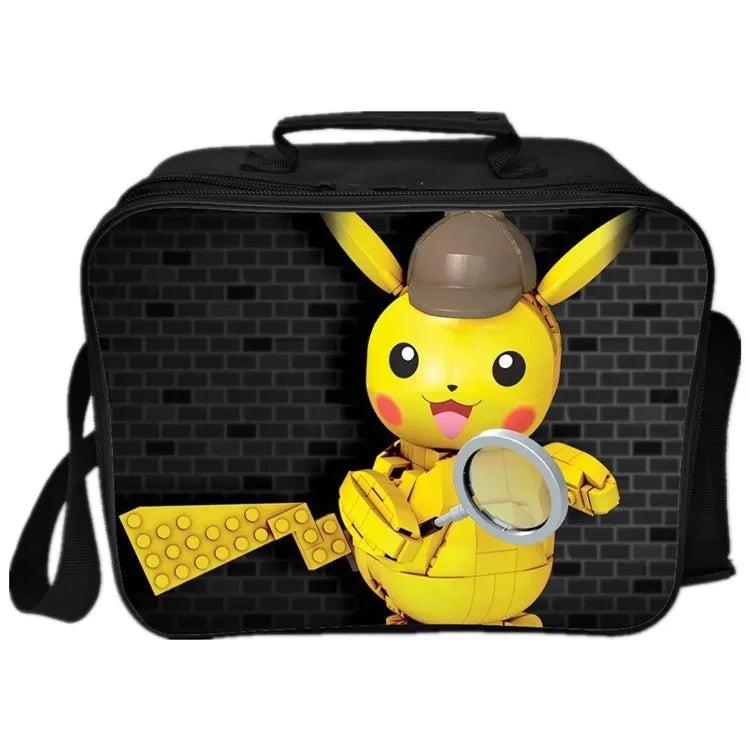 Detective Pokemon Go Pikachu  PU Leather Portable Lunch Box School Tote Storage Picnic Bag