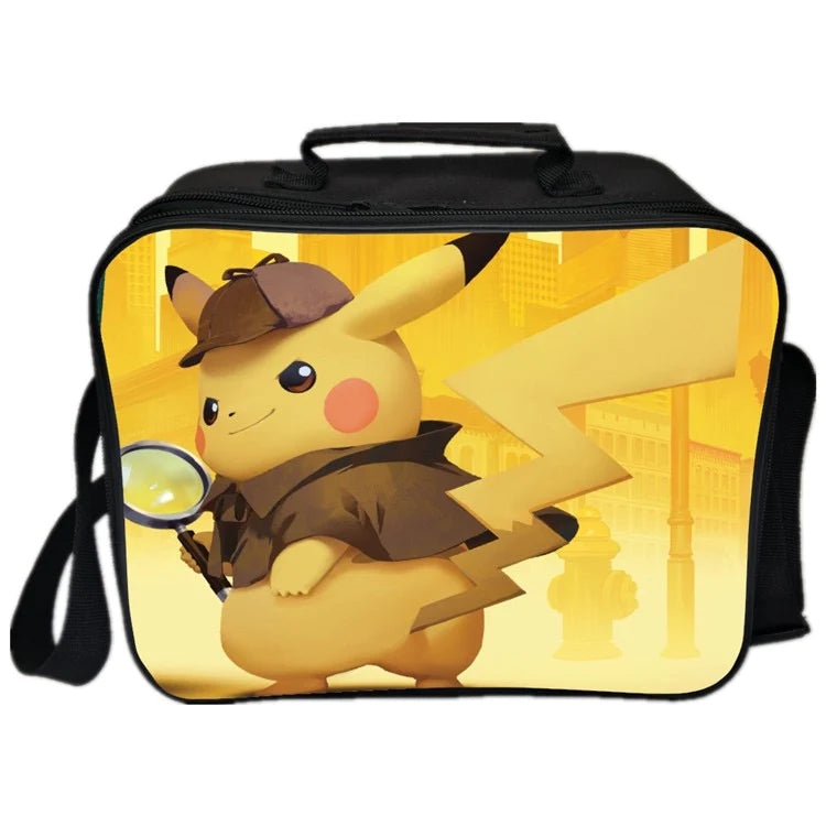 Detective Pokemon Go Pikachu  PU Leather Portable Lunch Box School Tote Storage Picnic Bag