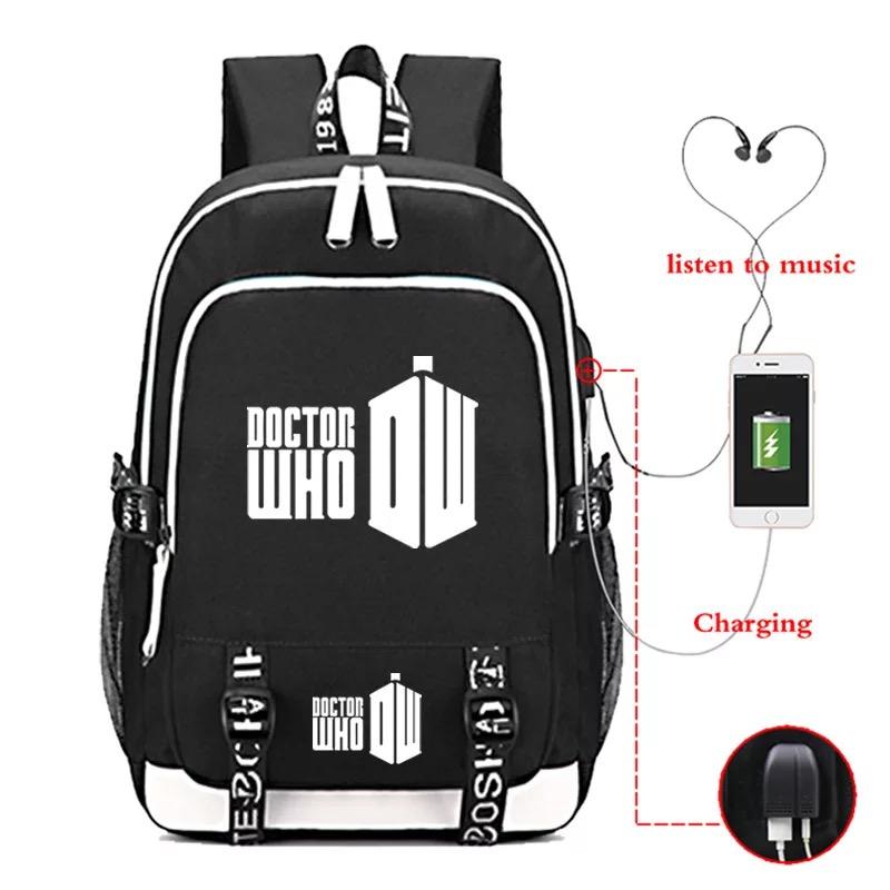 Doctor Who USB Charging Backpack School Note Book Laptop Travel Bags Luminous