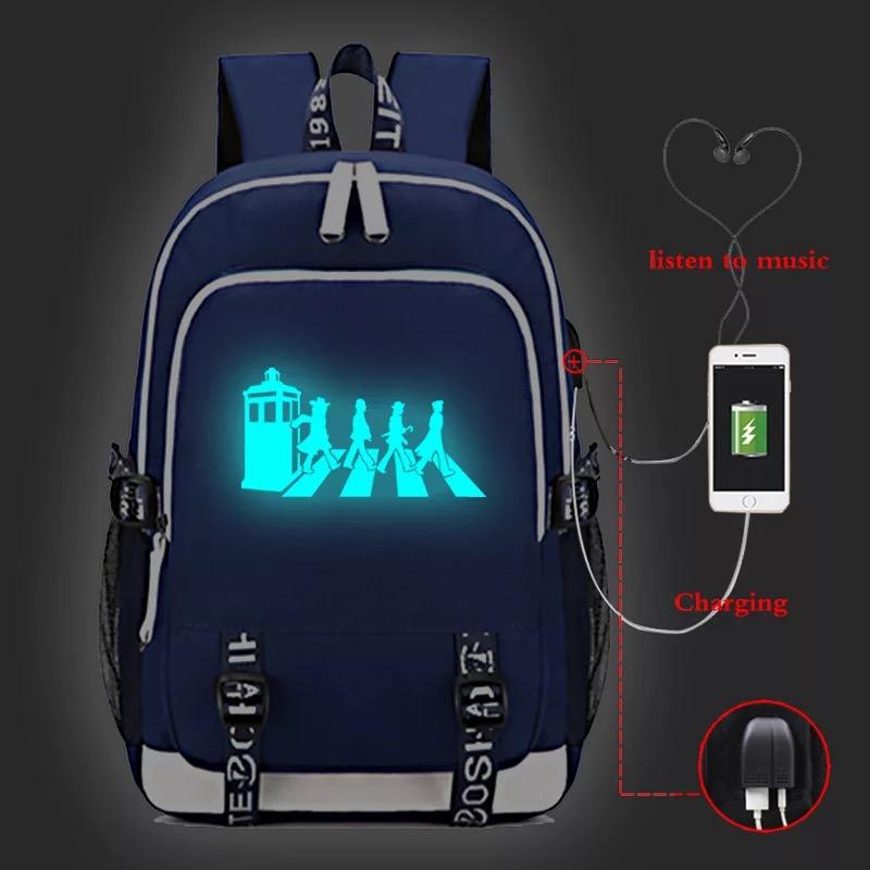 Doctor Who USB Charging Backpack School Note Book Laptop Travel Bags Luminous