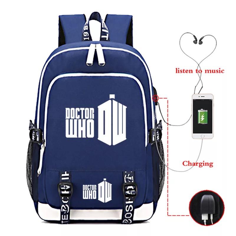 Doctor Who USB Charging Backpack School Note Book Laptop Travel Bags Luminous