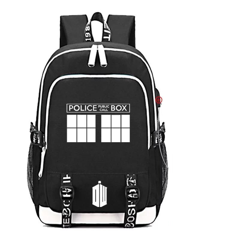 Doctor Who USB Charging Backpack School Note Book Laptop Travel Bags Luminous