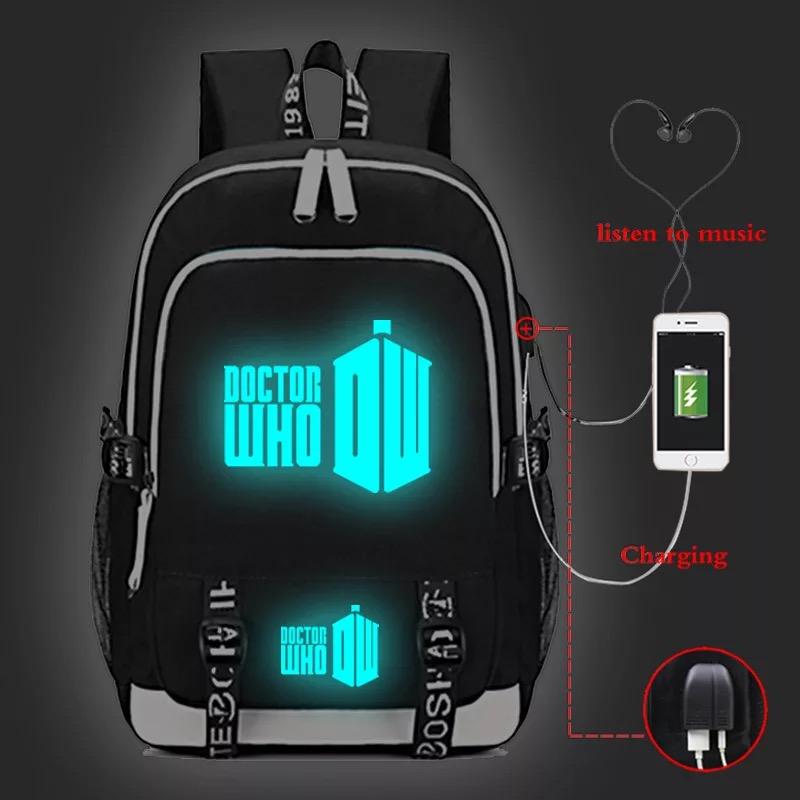 Doctor Who USB Charging Backpack School Note Book Laptop Travel Bags Luminous