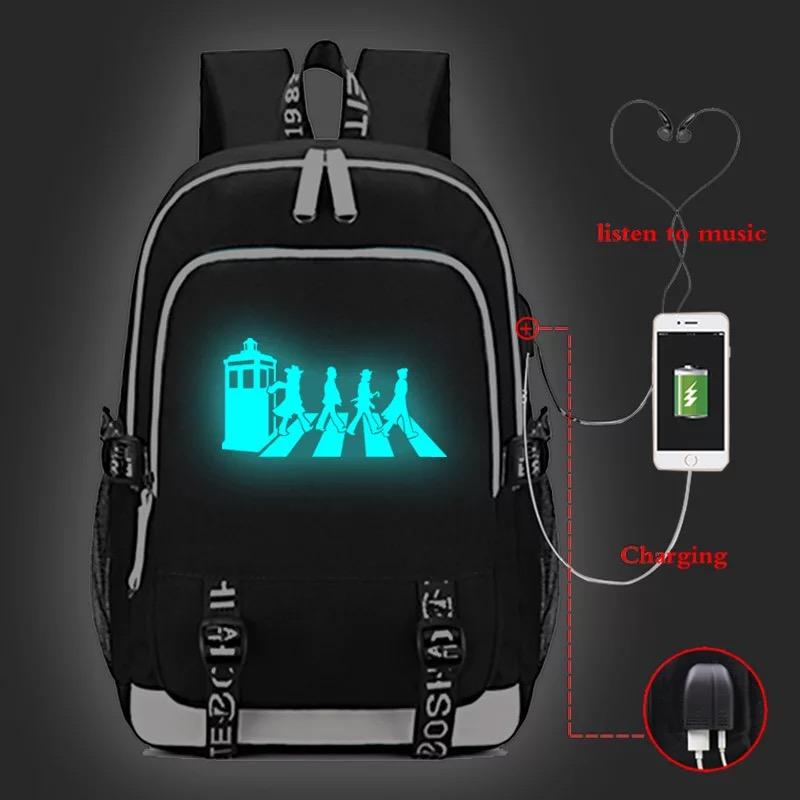 Doctor Who USB Charging Backpack School Note Book Laptop Travel Bags Luminous