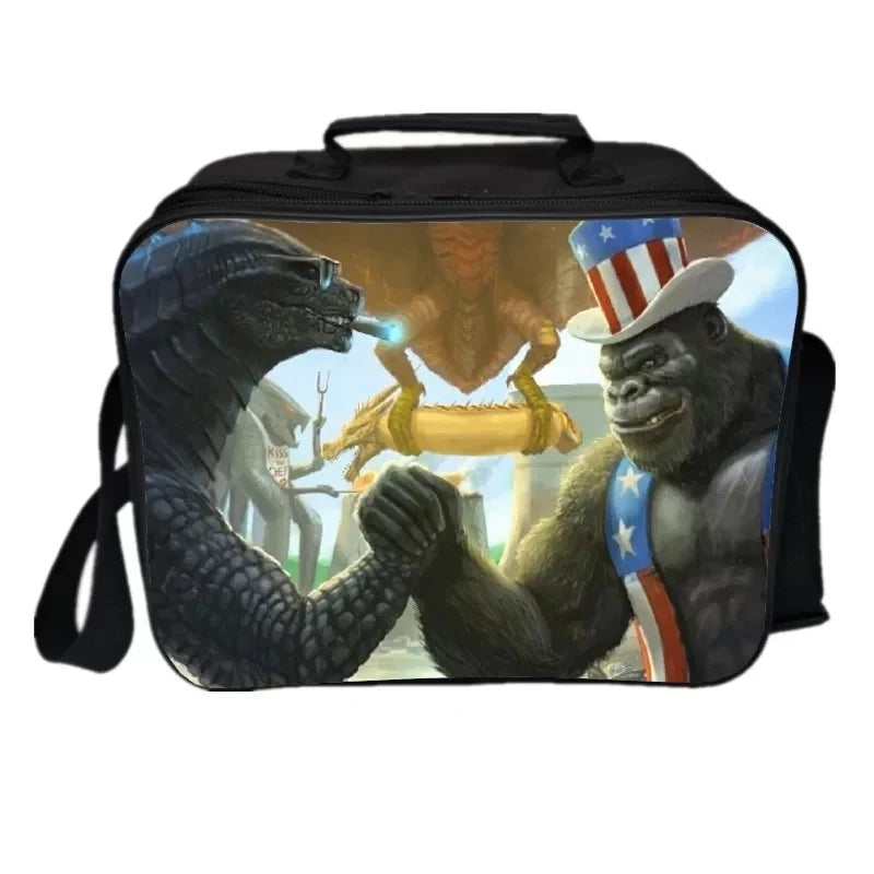 Godzilla PU Leather Portable Lunch Box School Tote Storage Picnic Bag