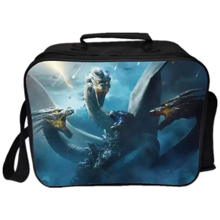 Godzilla PU Leather Portable Lunch Box School Tote Storage Picnic Bag