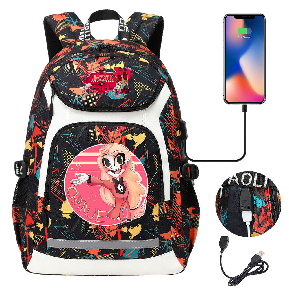 Hazbin Hotel USB Charging Backpack School NoteBook Laptop Travel Bags