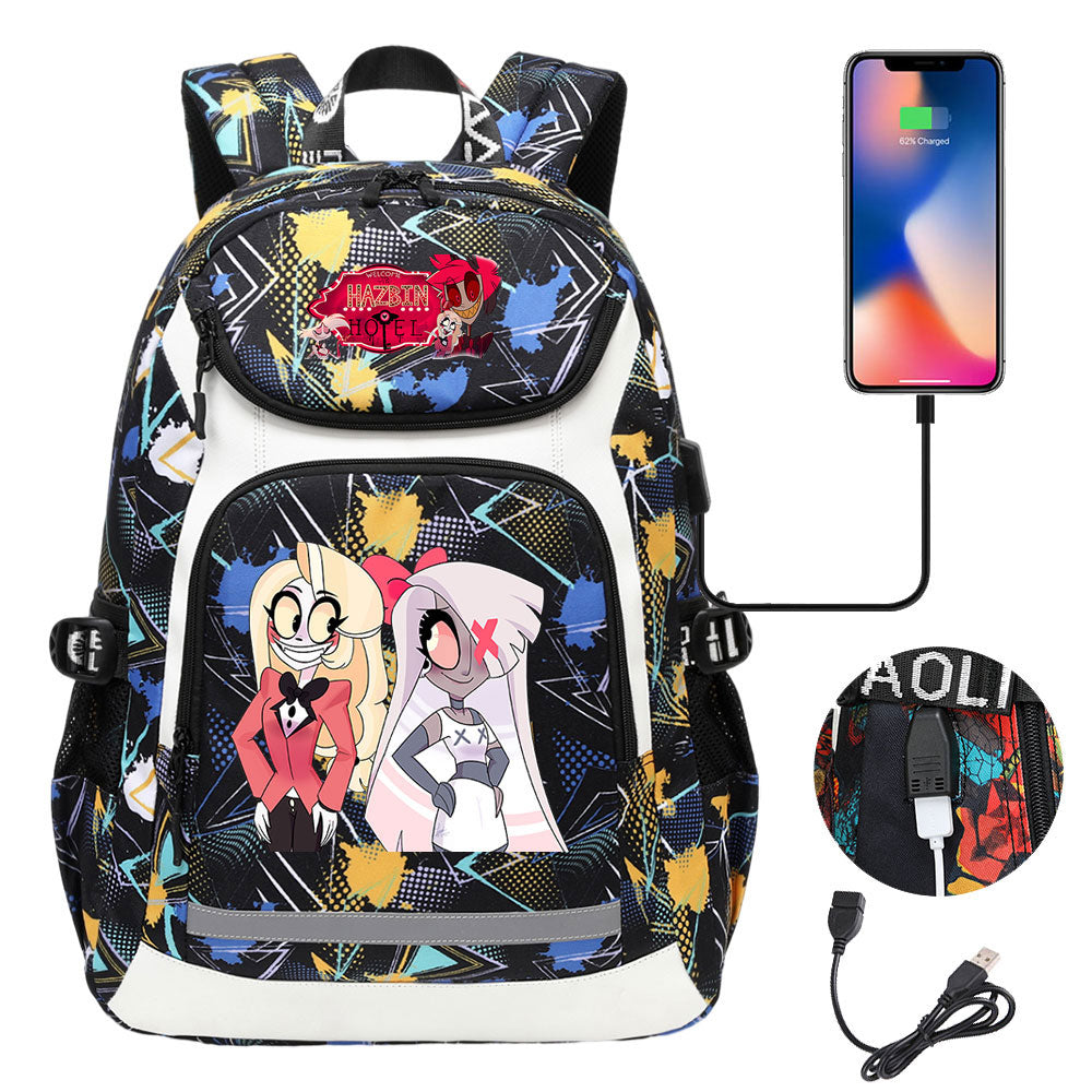 Hazbin Hotel USB Charging Backpack School NoteBook Laptop Travel Bags