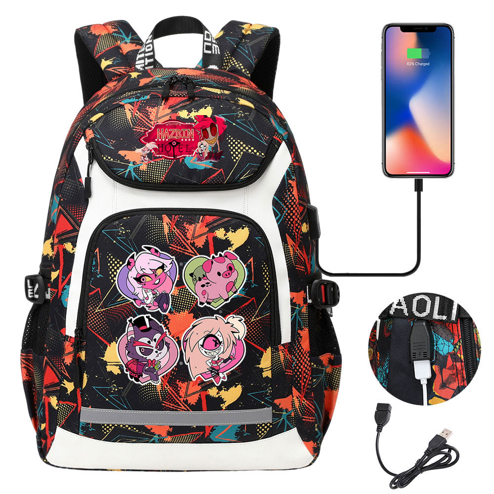 Hazbin Hotel USB Charging Backpack School NoteBook Laptop Travel Bags