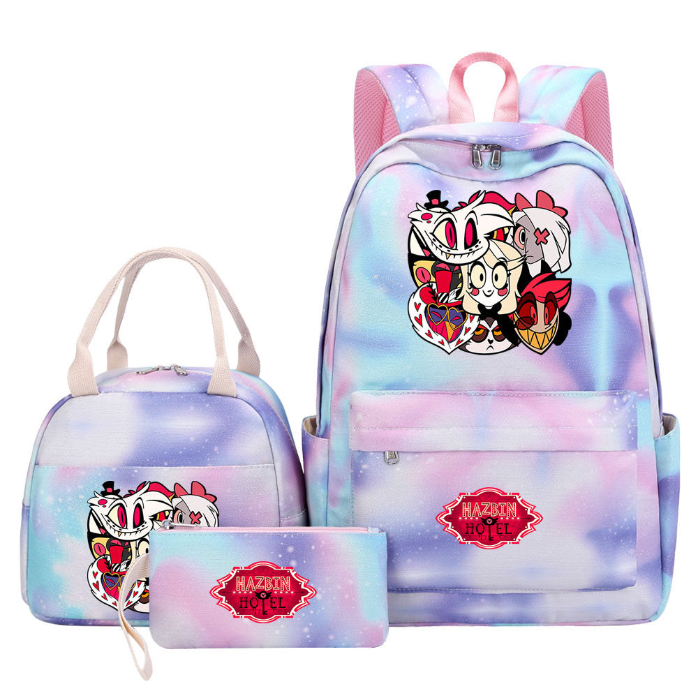 Hazbin Hotel Pink Starry Sky SchoolBag Backpack Lunch Box Bag Book Pencil Bags 3pcs Set