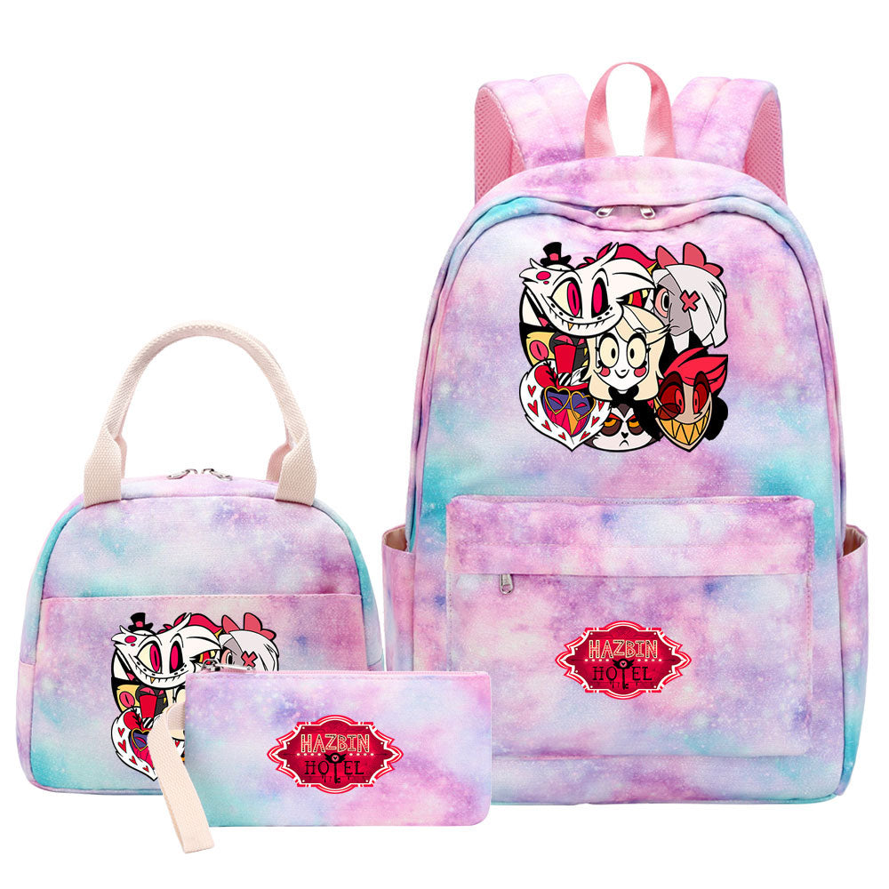 Hazbin Hotel Pink Starry Sky SchoolBag Backpack Lunch Box Bag Book Pencil Bags 3pcs Set