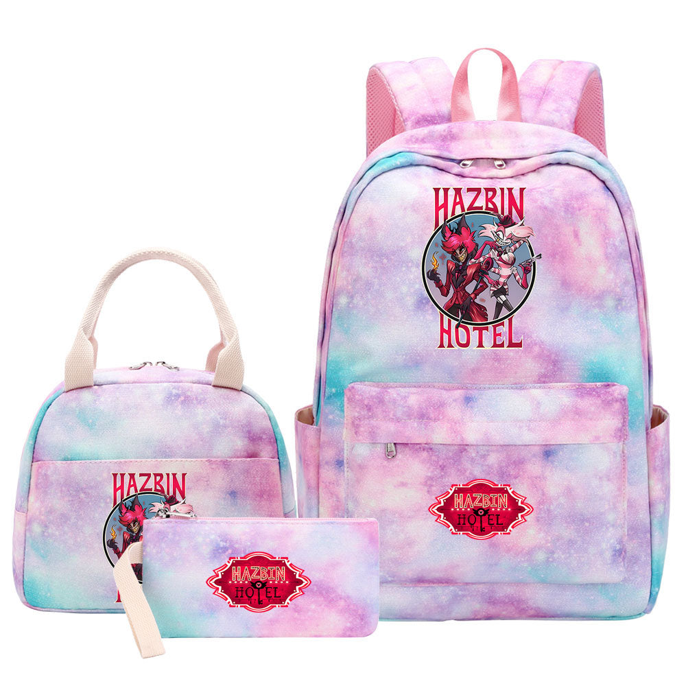 Hazbin Hotel Pink Starry Sky SchoolBag Backpack Lunch Box Bag Book Pencil Bags 3pcs Set