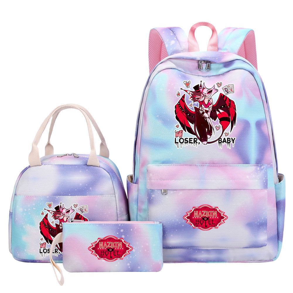 Hazbin Hotel Pink Starry Sky SchoolBag Backpack Lunch Box Bag Book Pencil Bags 3pcs Set