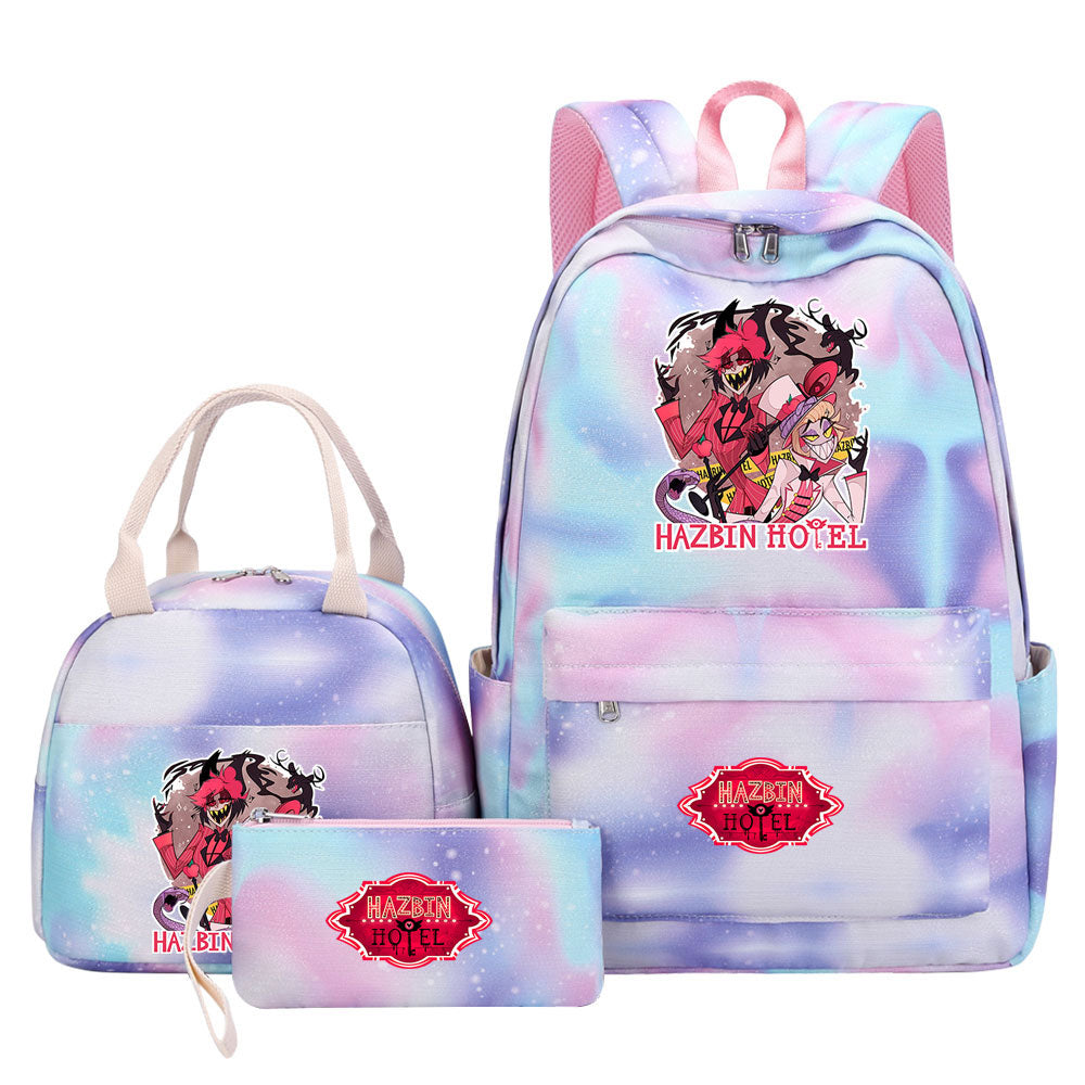 Hazbin Hotel Pink Starry Sky SchoolBag Backpack Lunch Box Bag Book Pencil Bags 3pcs Set