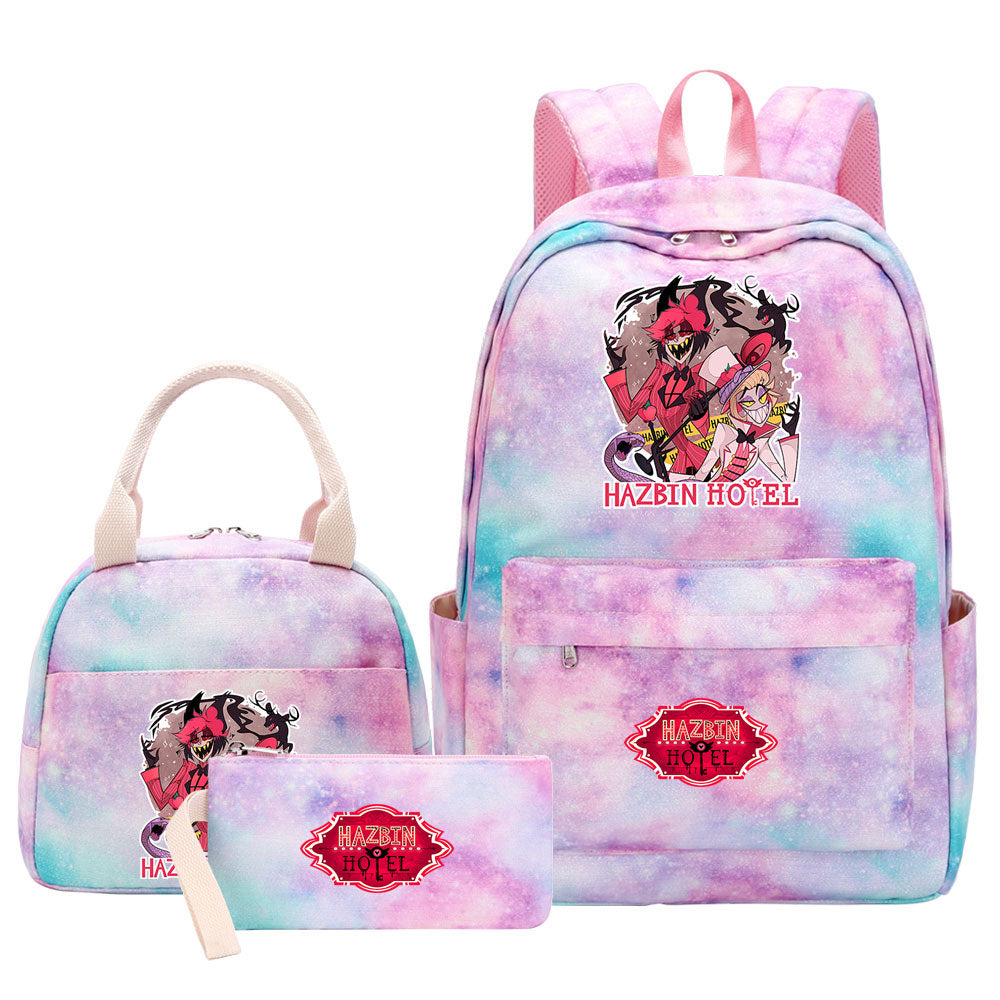 Hazbin Hotel Pink Starry Sky SchoolBag Backpack Lunch Box Bag Book Pencil Bags 3pcs Set