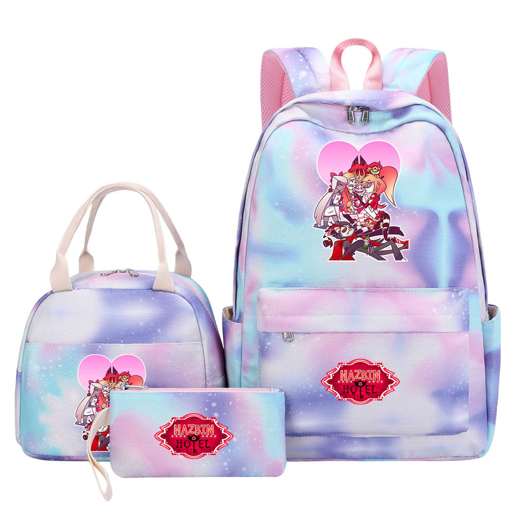 Hazbin Hotel Pink Starry Sky SchoolBag Backpack Lunch Box Bag Book Pencil Bags 3pcs Set