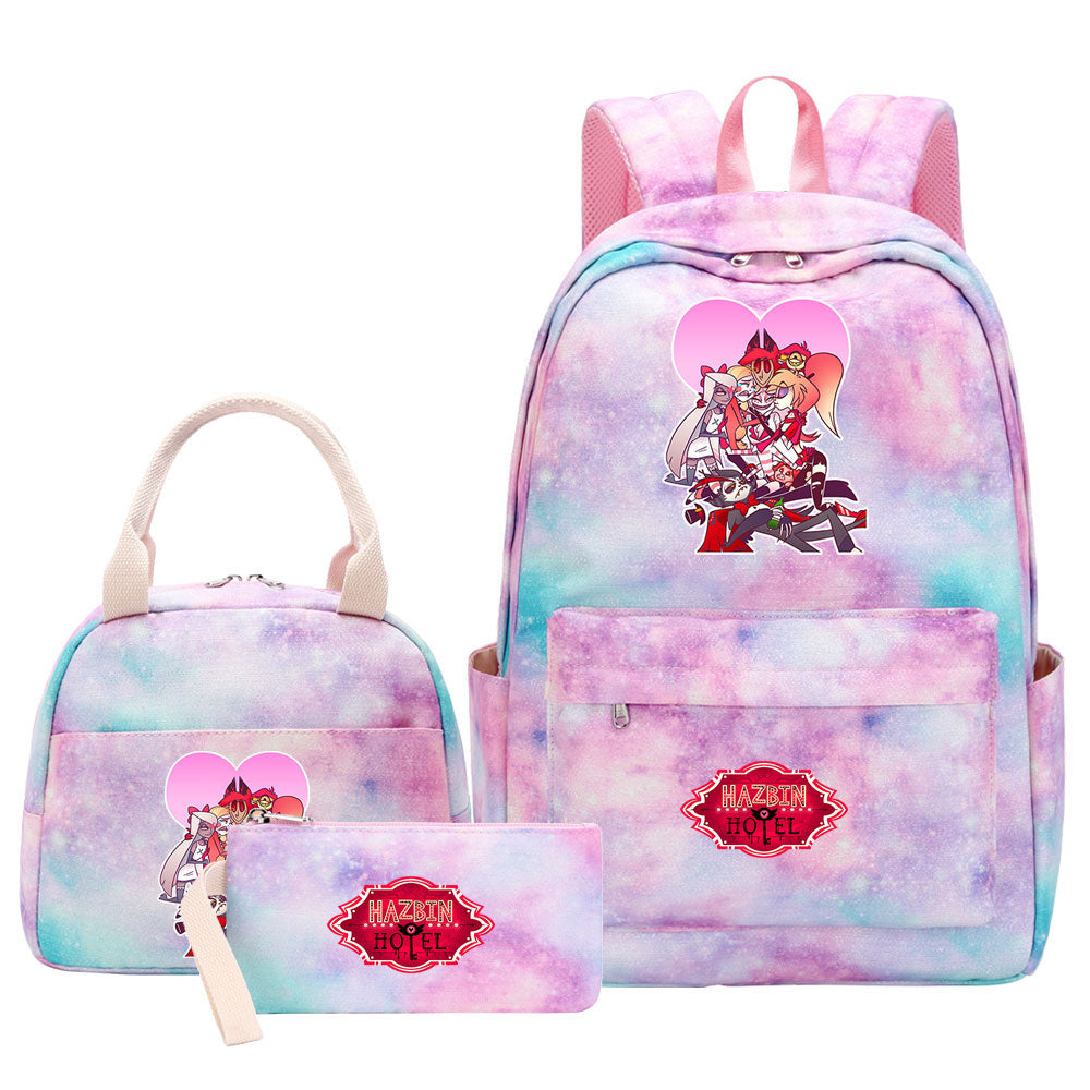 Hazbin Hotel Pink Starry Sky SchoolBag Backpack Lunch Box Bag Book Pencil Bags 3pcs Set