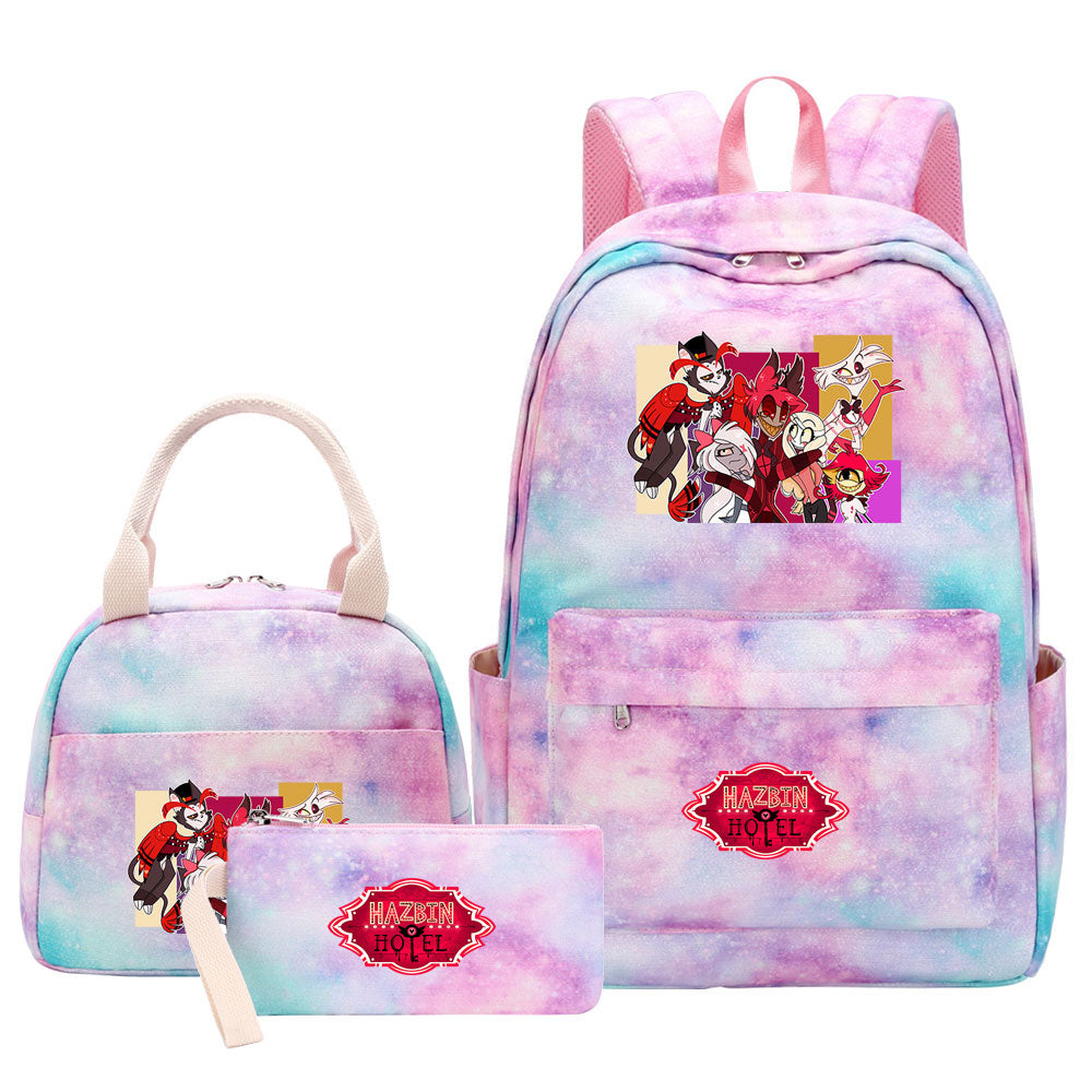 Hazbin Hotel Pink Starry Sky SchoolBag Backpack Lunch Box Bag Book Pencil Bags 3pcs Set