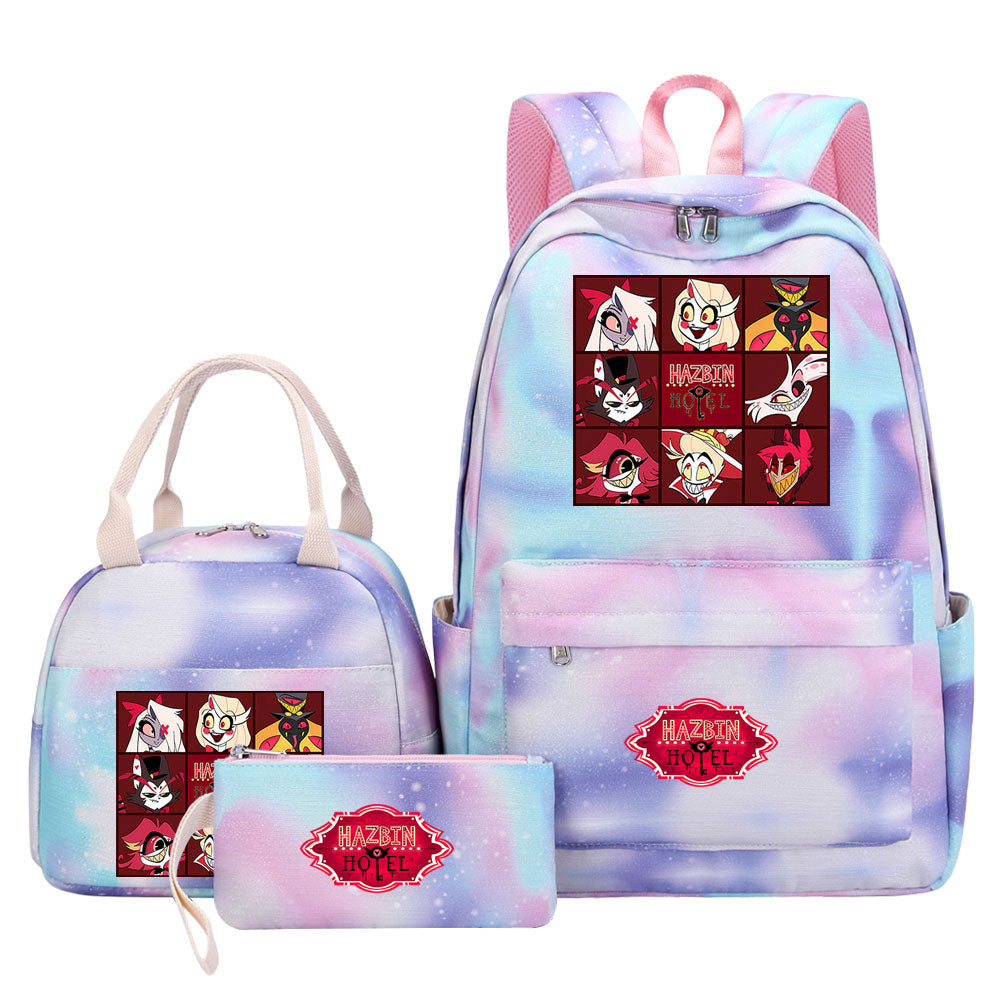 Hazbin Hotel Pink Starry Sky SchoolBag Backpack Lunch Box Bag Book Pencil Bags 3pcs Set