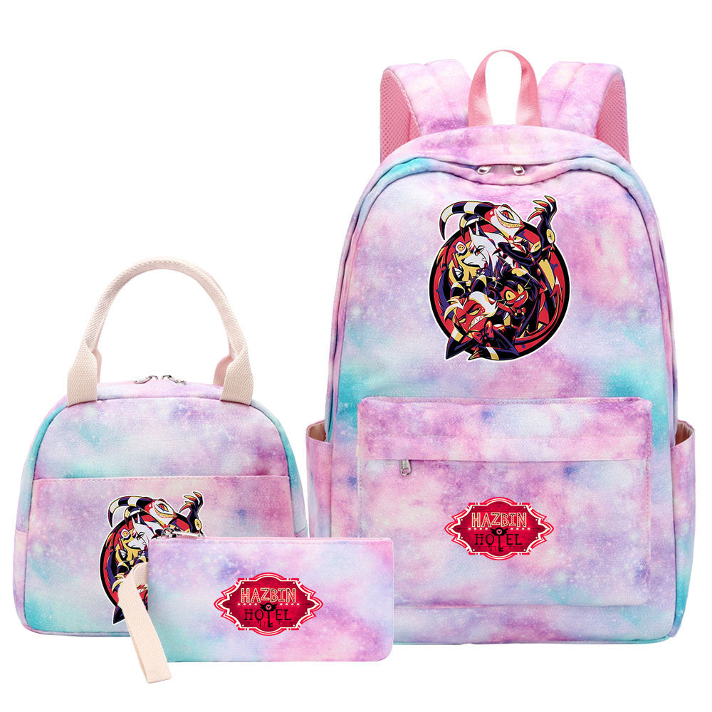 Hazbin Hotel Pink Starry Sky SchoolBag Backpack Lunch Box Bag Book Pencil Bags 3pcs Set