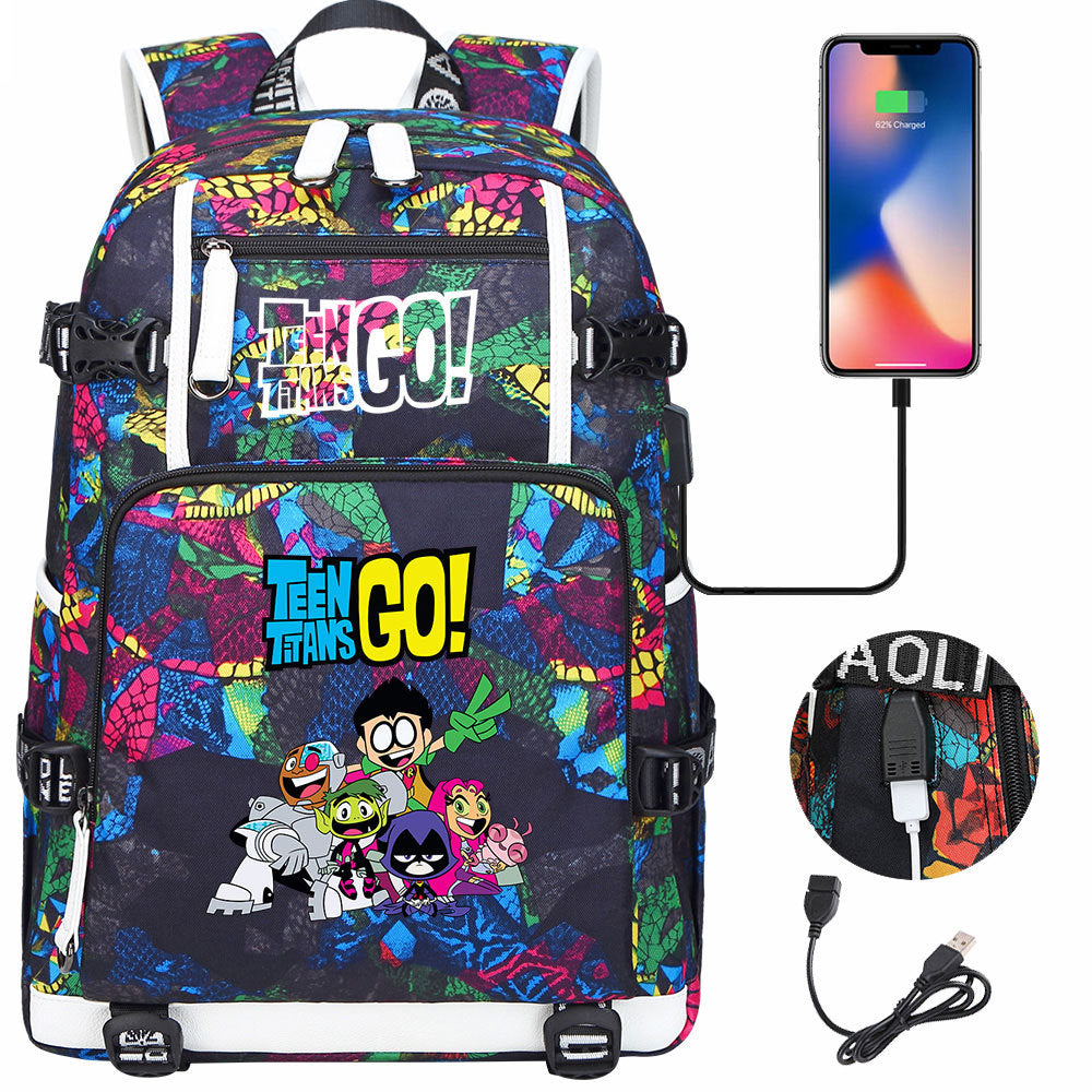 Teen Titans Go USB Charging Backpack School NoteBook Laptop Travel Bags