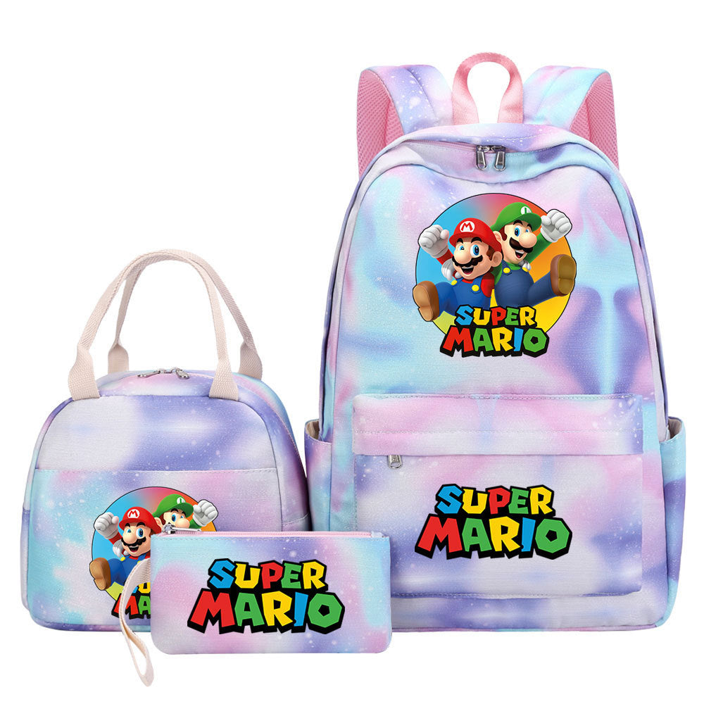 Super Mario Pink Starry Sky SchoolBag Backpack Lunch Box Bag Book Pencil Bags  3pcs Set