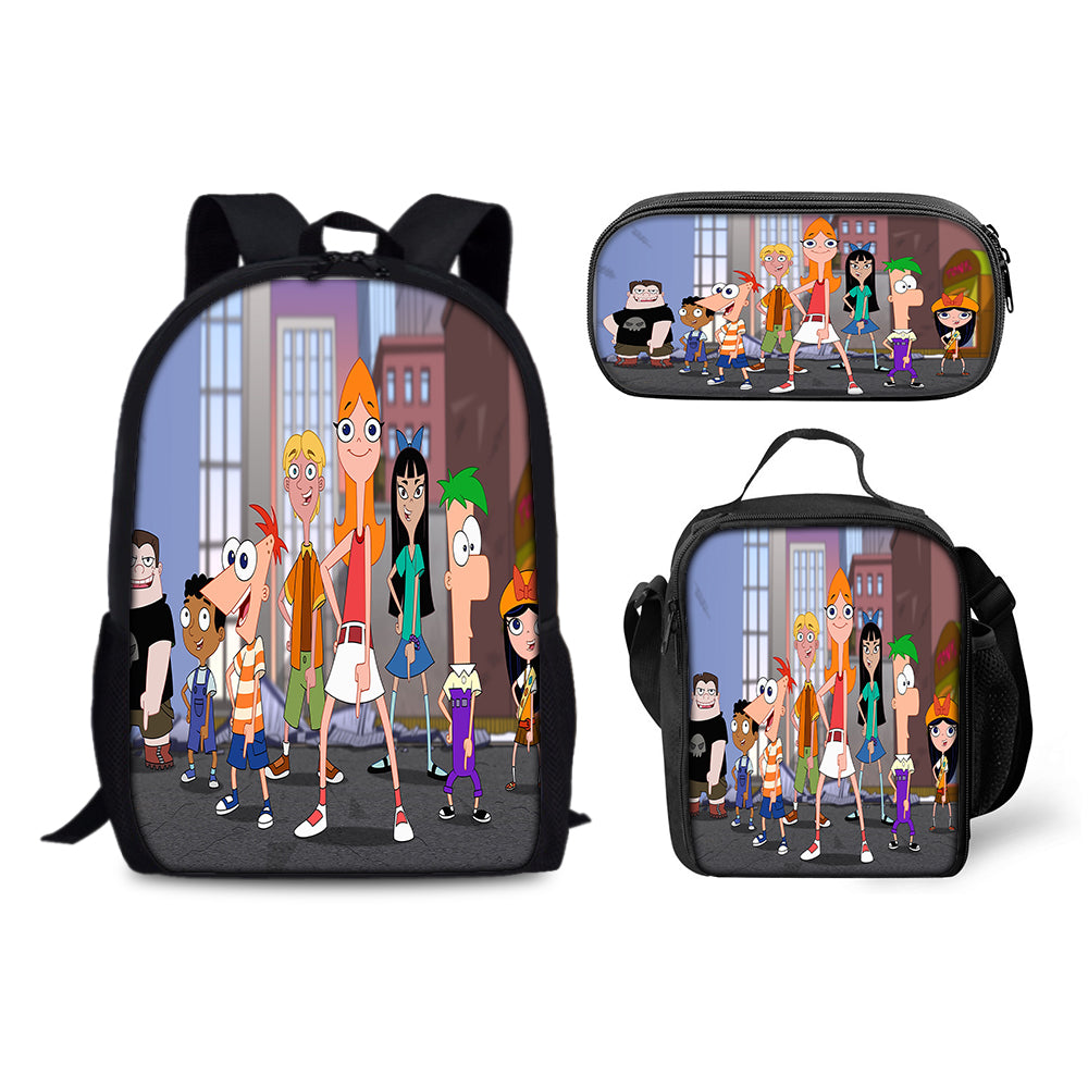 Phineas and Ferb Schoolbag Backpack Lunch Bag Pencil Case 3pcs Set Gift for Kids Students