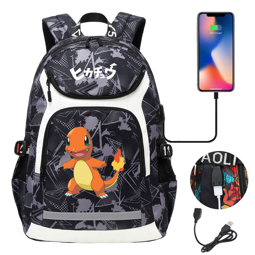 Pikachu Evee Gengar USB Charging Backpack School NoteBook Laptop Travel Bags