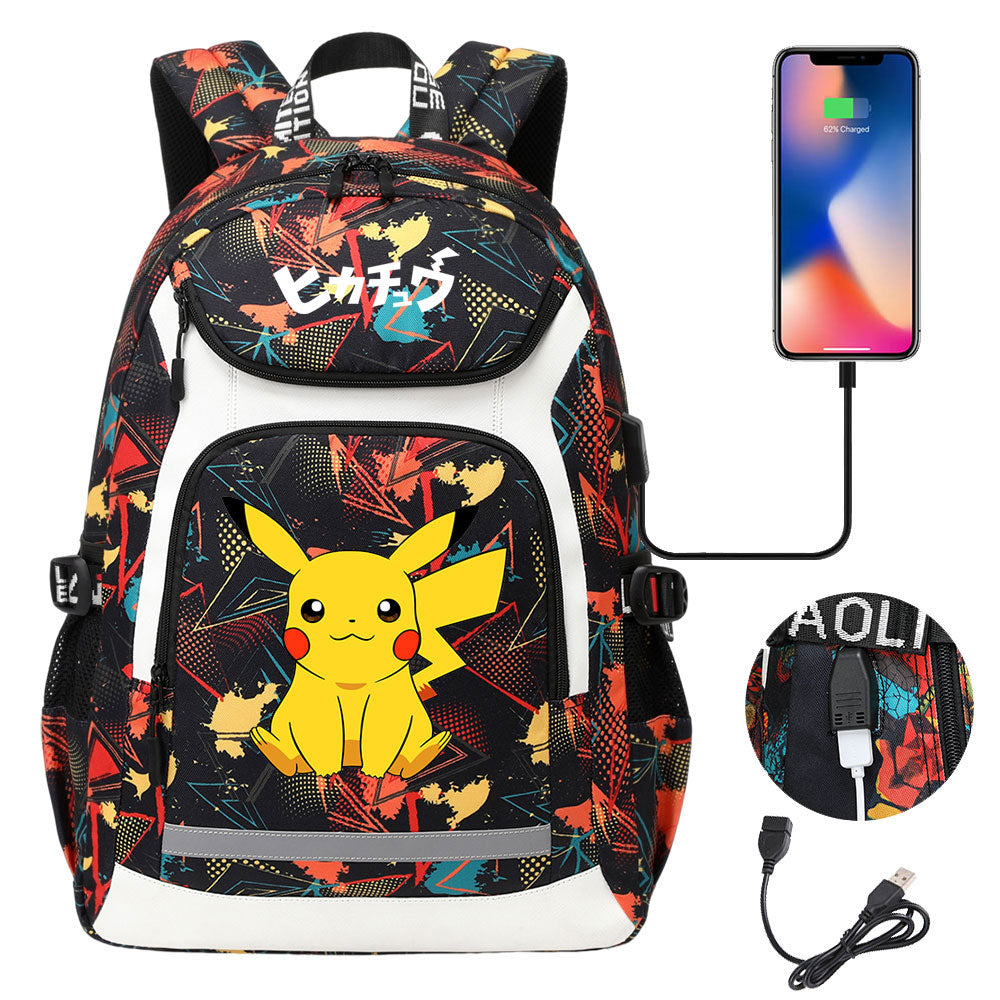 Pikachu Evee Gengar USB Charging Backpack School NoteBook Laptop Travel Bags