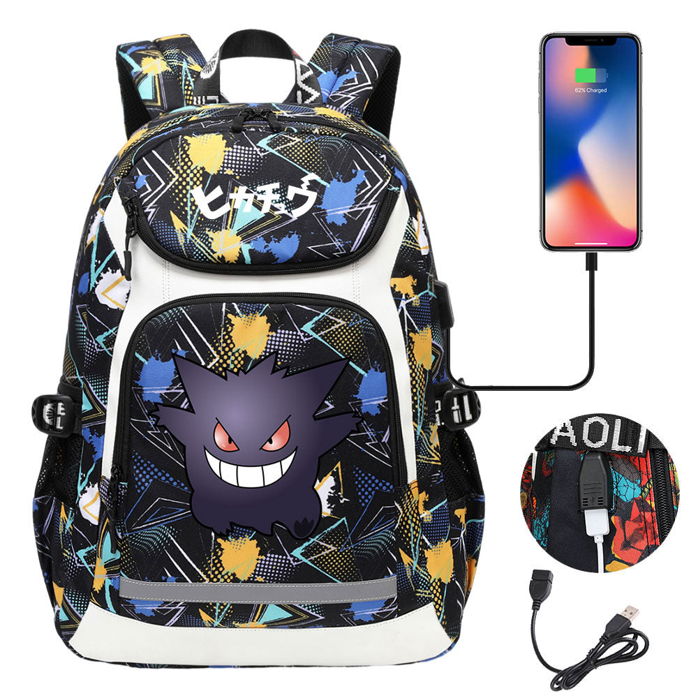 Pikachu Evee Gengar USB Charging Backpack School NoteBook Laptop Travel Bags