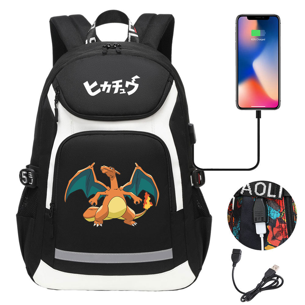 Pikachu Evee Gengar USB Charging Backpack School NoteBook Laptop Travel Bags