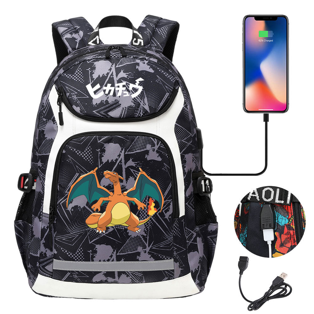 Pikachu Evee Gengar USB Charging Backpack School NoteBook Laptop Travel Bags