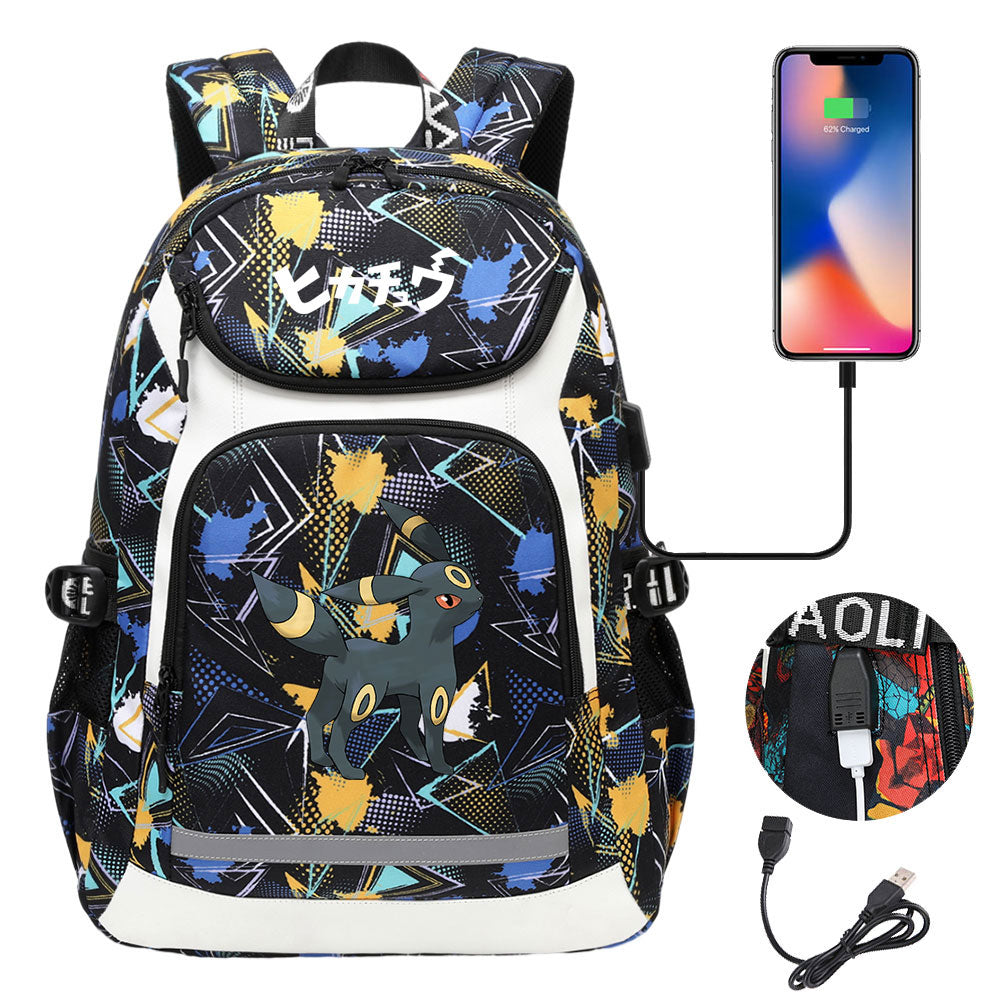 Pikachu Evee Gengar USB Charging Backpack School NoteBook Laptop Travel Bags