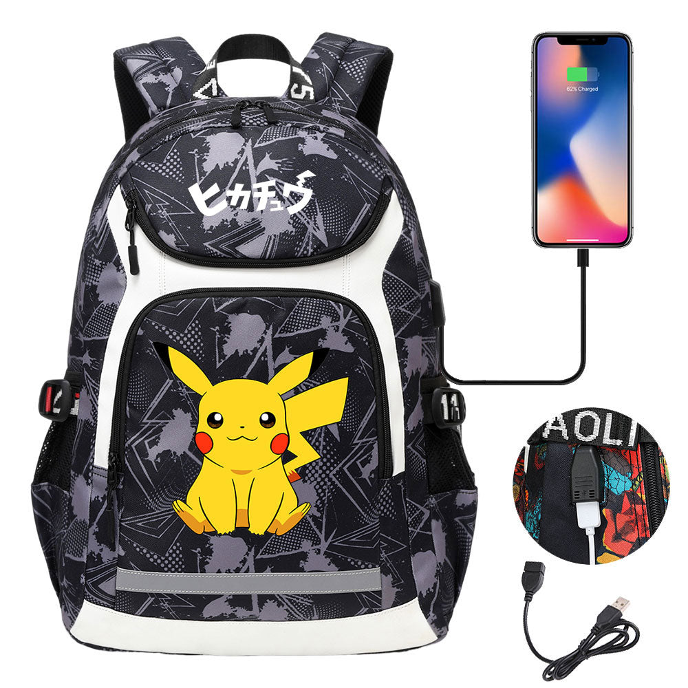 Pikachu Evee Gengar USB Charging Backpack School NoteBook Laptop Travel Bags