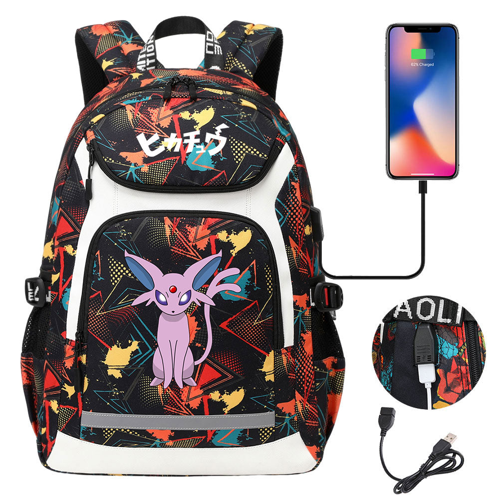 Pikachu Evee Gengar USB Charging Backpack School NoteBook Laptop Travel Bags