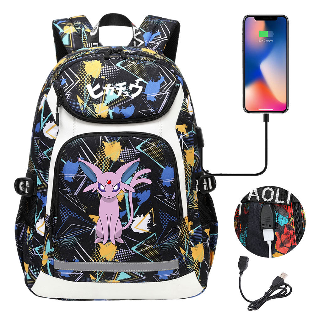 Pikachu Evee Gengar USB Charging Backpack School NoteBook Laptop Travel Bags