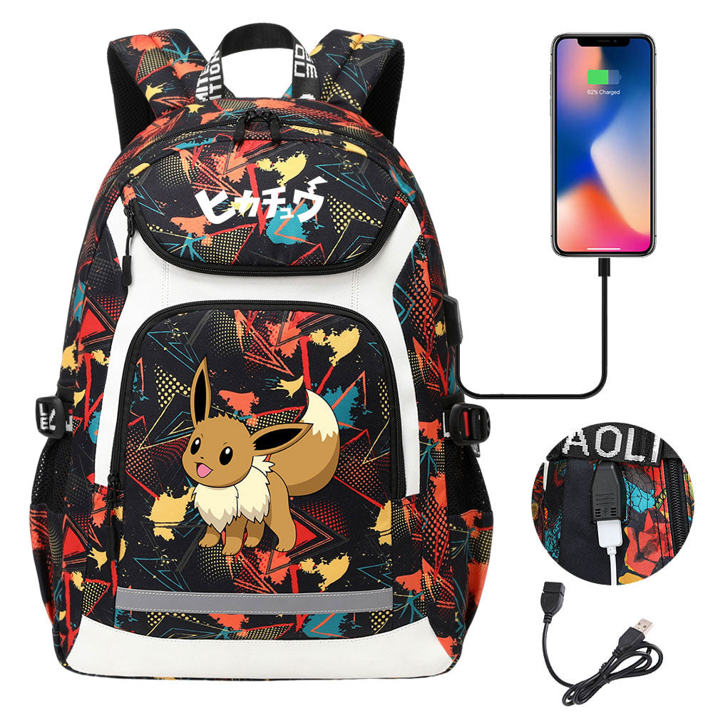 Pikachu Evee Gengar USB Charging Backpack School NoteBook Laptop Travel Bags