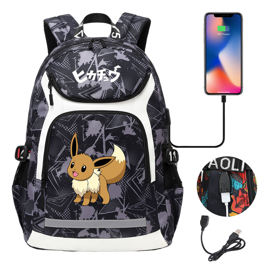 Pikachu Evee Gengar USB Charging Backpack School NoteBook Laptop Travel Bags