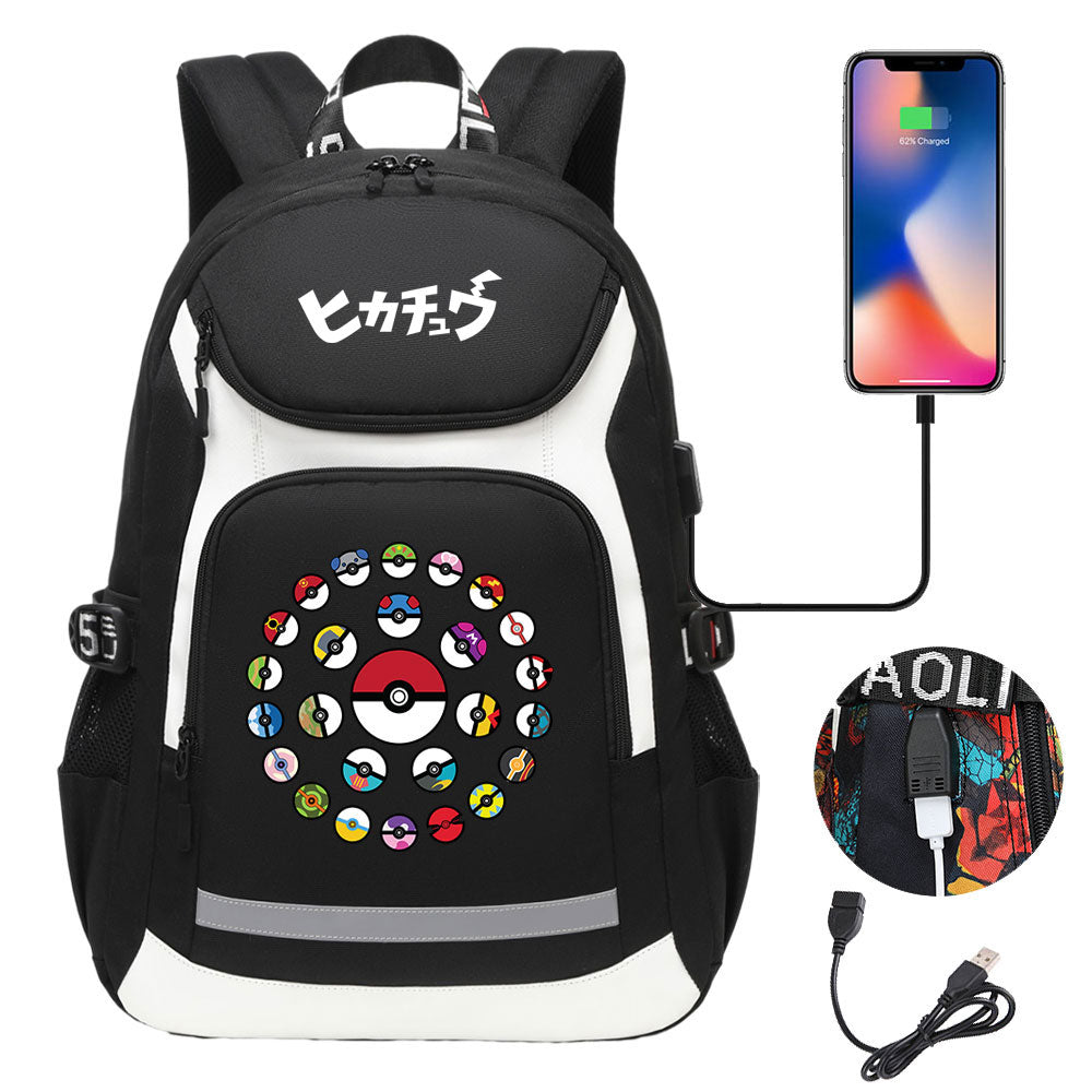 Pikachu Evee Gengar USB Charging Backpack School NoteBook Laptop Travel Bags