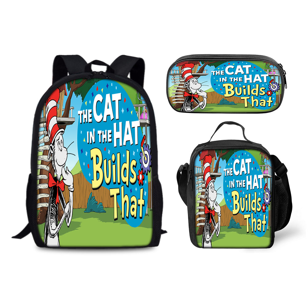 The Cat in the Hat Schoolbag Backpack Lunch Bag Pencil Case 3pcs Set Gift for Kids Students