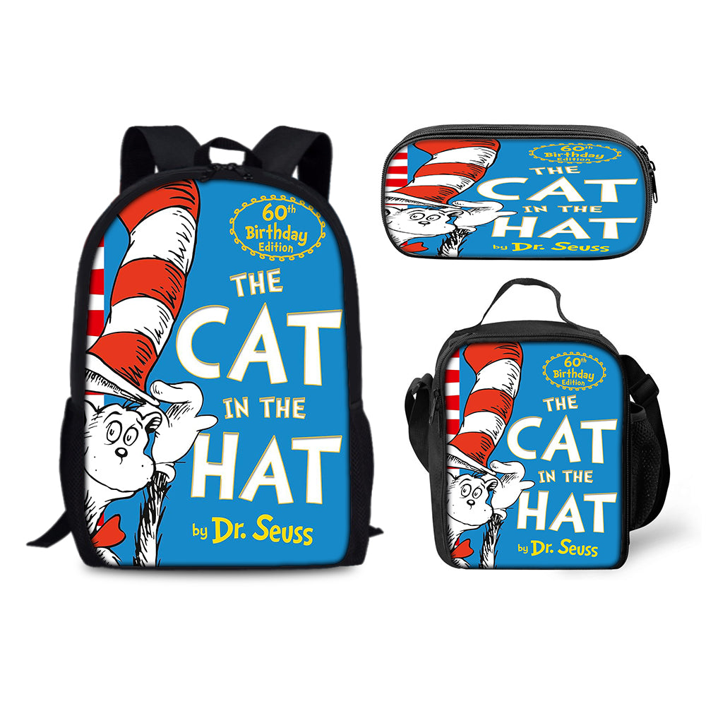 The Cat in the Hat Schoolbag Backpack Lunch Bag Pencil Case 3pcs Set Gift for Kids Students