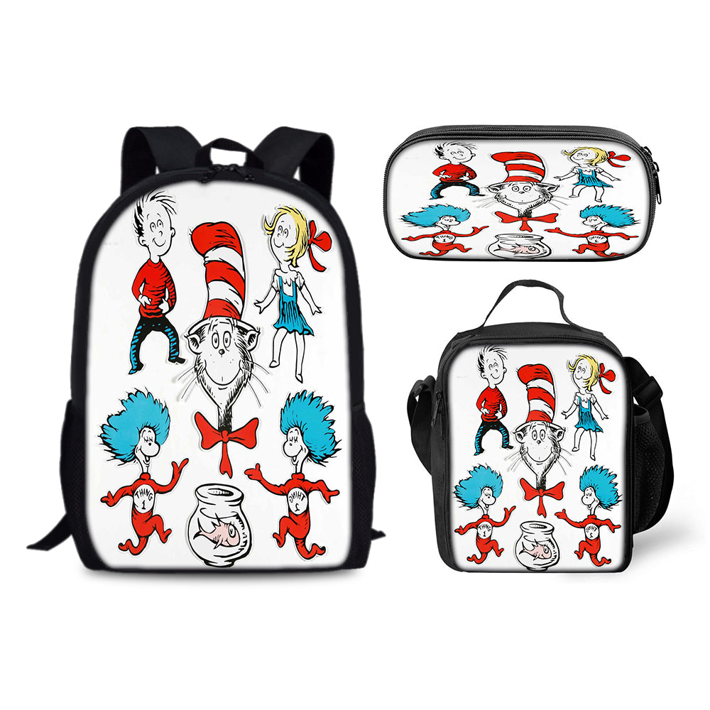 The Cat in the Hat Schoolbag Backpack Lunch Bag Pencil Case 3pcs Set Gift for Kids Students