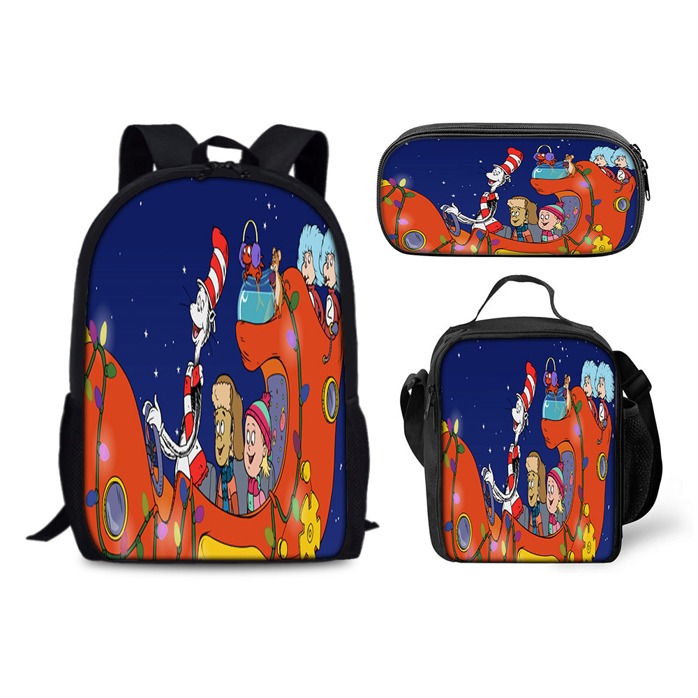 The Cat in the Hat Schoolbag Backpack Lunch Bag Pencil Case 3pcs Set Gift for Kids Students